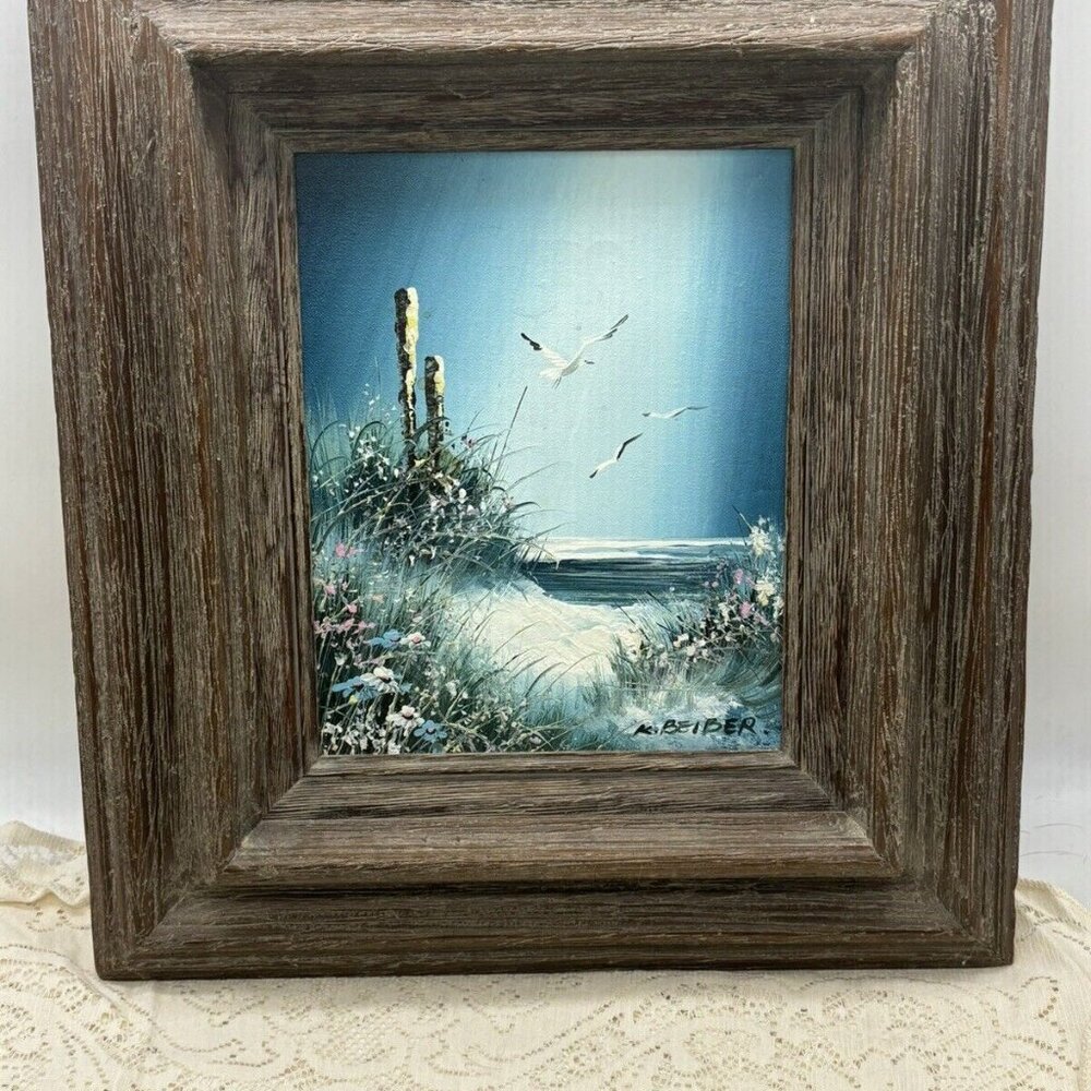 Vintage K. Beiber Original Signed Oil Painting Framed 15.5 X 17.5" Beach Ocean
